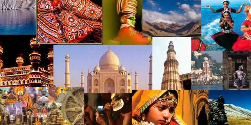 Panoramic view of diverse Indian landscapes including mountains, deserts, beaches, and cities with traditional symbols like the lotus, peacock, and Taj Mahal in a colorful, illustrative style with vibrant hues of saffron, green, and blue